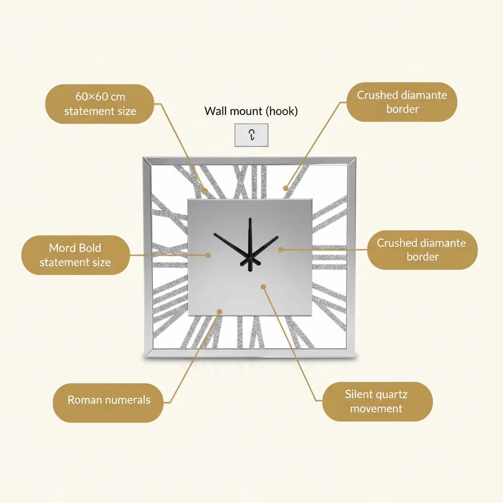Mirrored Crushed Crystal Square Wall Clock 60×60 cm – Glam Silver Design | Sparkle Decors UK