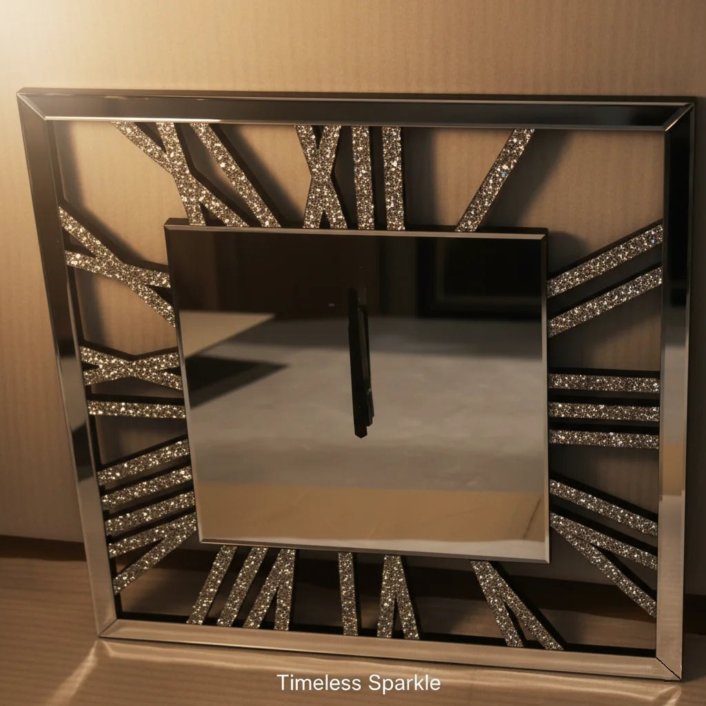 Mirrored Crushed Crystal Square Wall Clock 60×60 cm – Glam Silver Design | Sparkle Decors UK