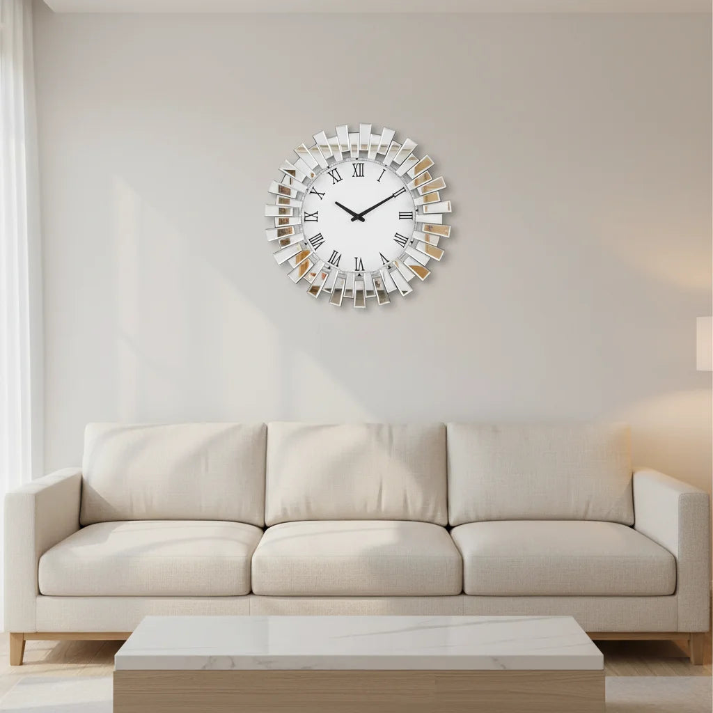 3D Sunburst Mirrored Wall Clock 60cm – Silver Roman Numeral Luxury Style | Sparkle Decors UK