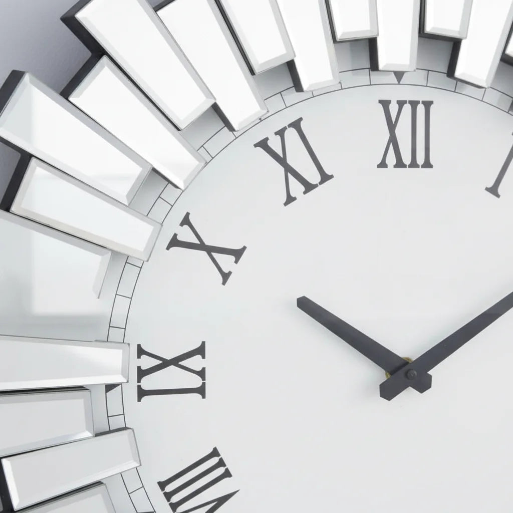 3D Sunburst Mirrored Wall Clock 60cm – Silver Roman Numeral Luxury Style | Sparkle Decors UK
