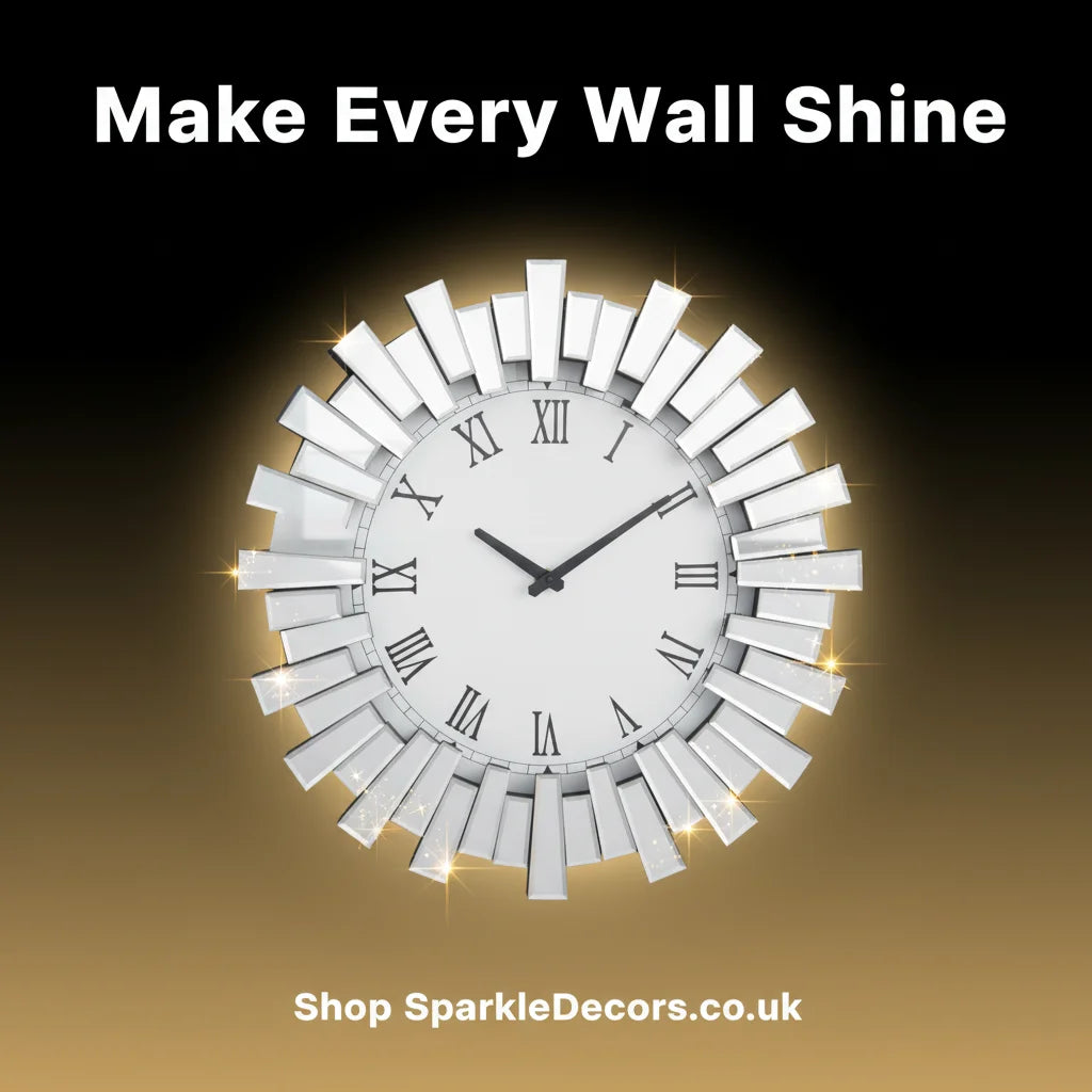 3D Sunburst Mirrored Wall Clock 60cm – Silver Roman Numeral Luxury Style | Sparkle Decors UK