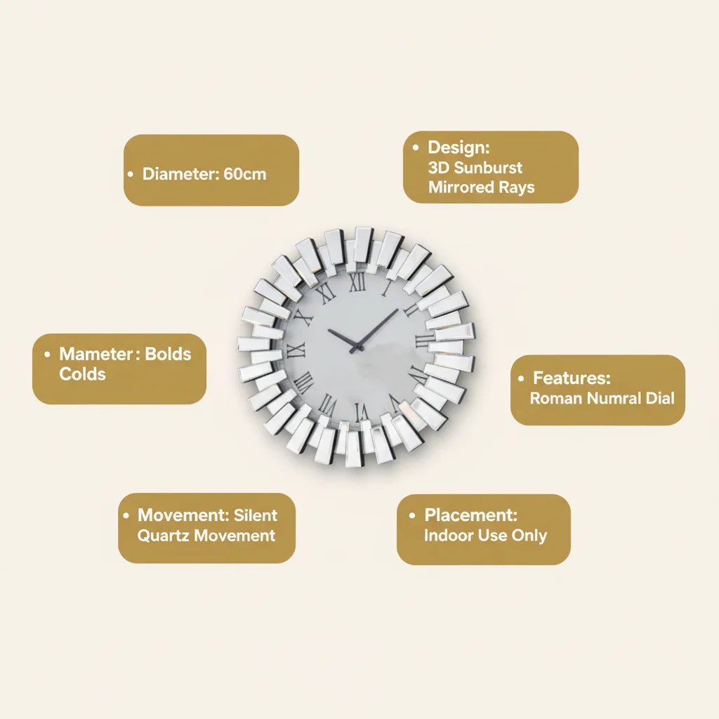 3D Sunburst Mirrored Wall Clock 60cm – Silver Roman Numeral Luxury Style | Sparkle Decors UK
