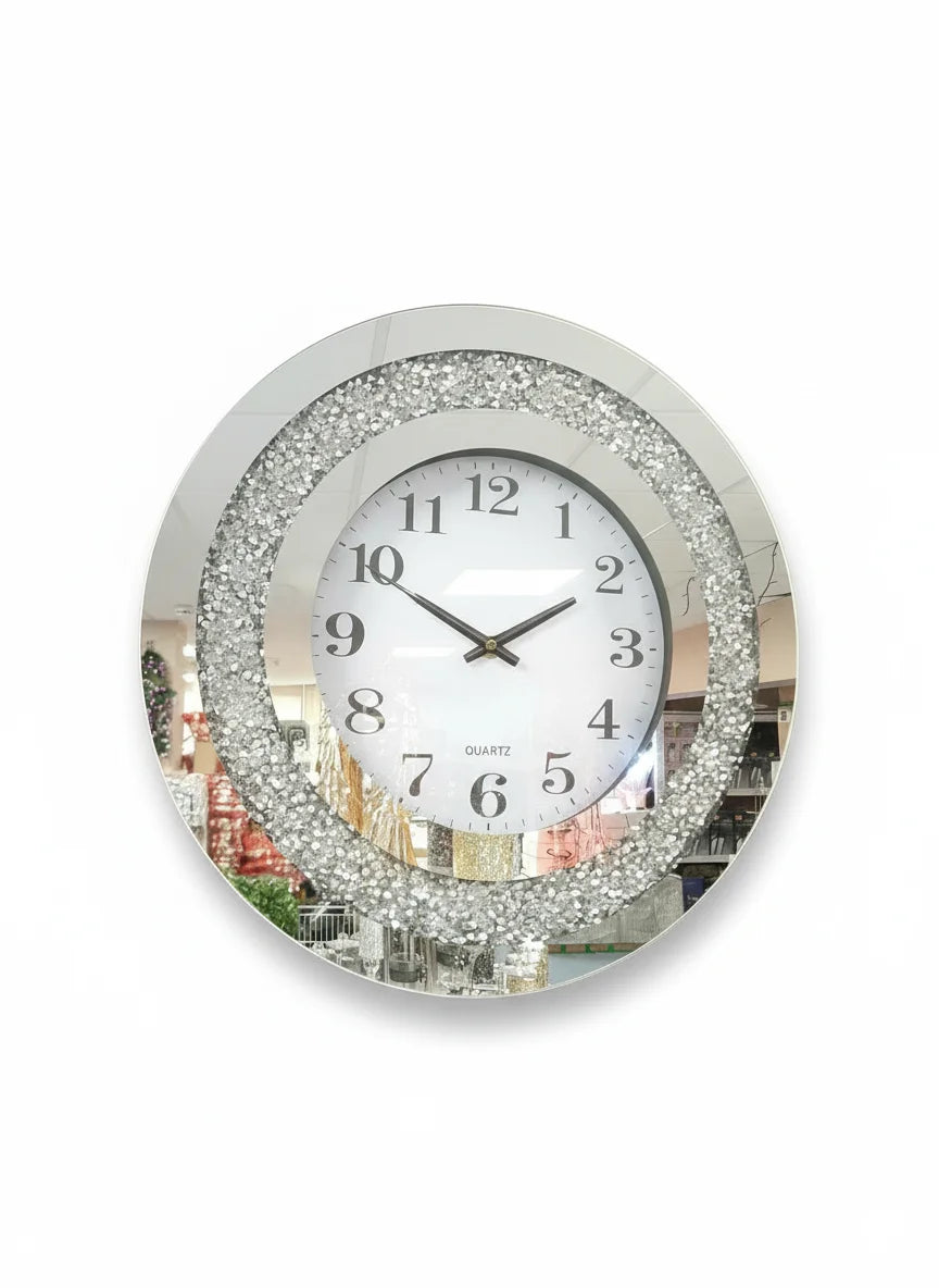 Mirrored Diamante Round Wall Clock 40cm – Luxury Silver Crystal Accent | Sparkle Decors UK
