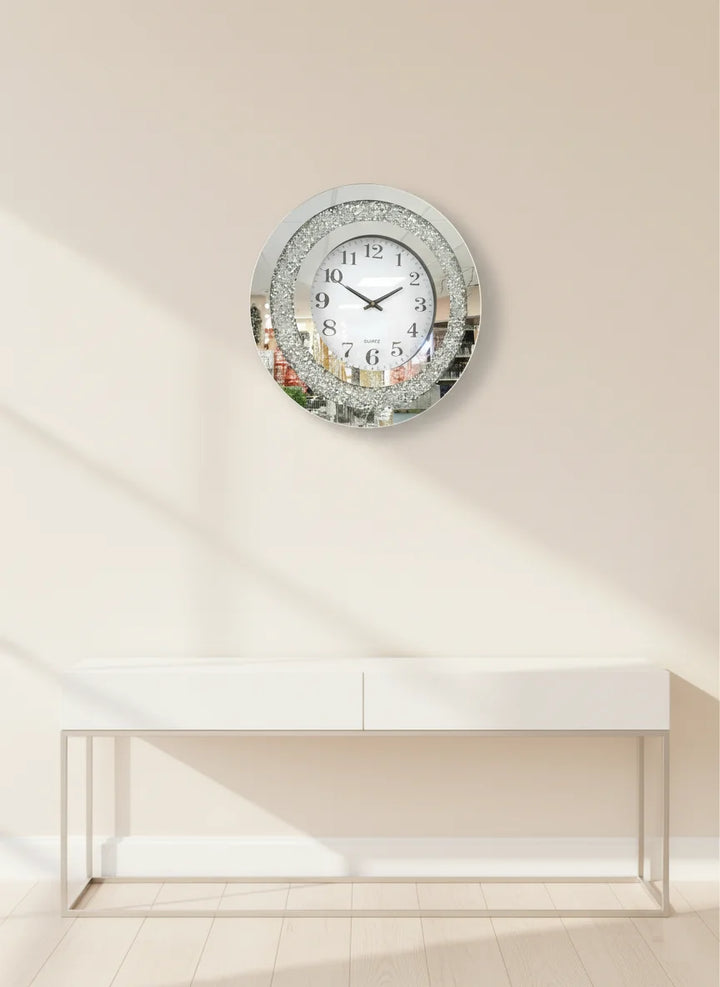 Mirrored Diamante Round Wall Clock 40cm – Luxury Silver Crystal Accent | Sparkle Decors UK