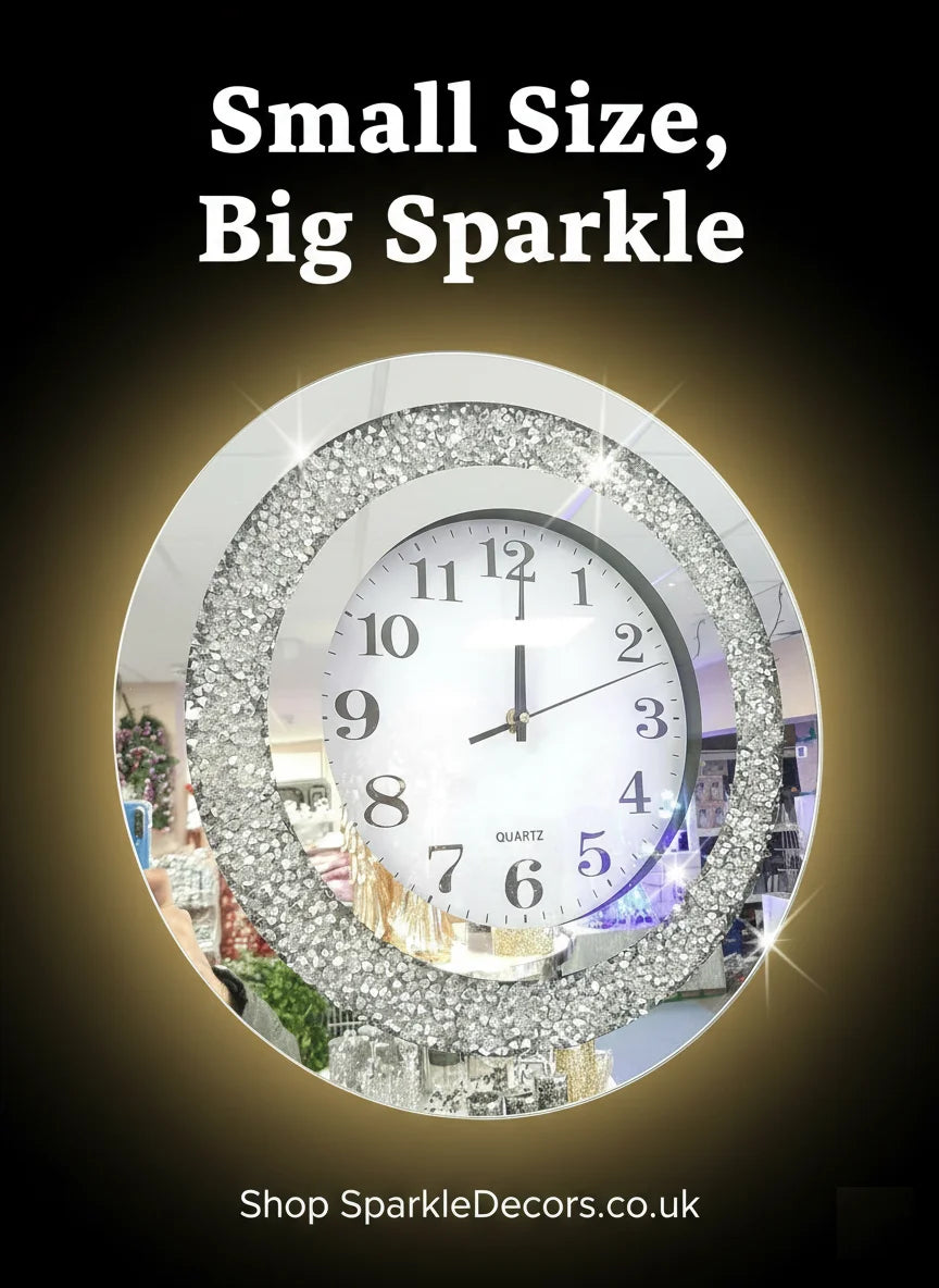 Mirrored Diamante Round Wall Clock 40cm – Luxury Silver Crystal Accent | Sparkle Decors UK