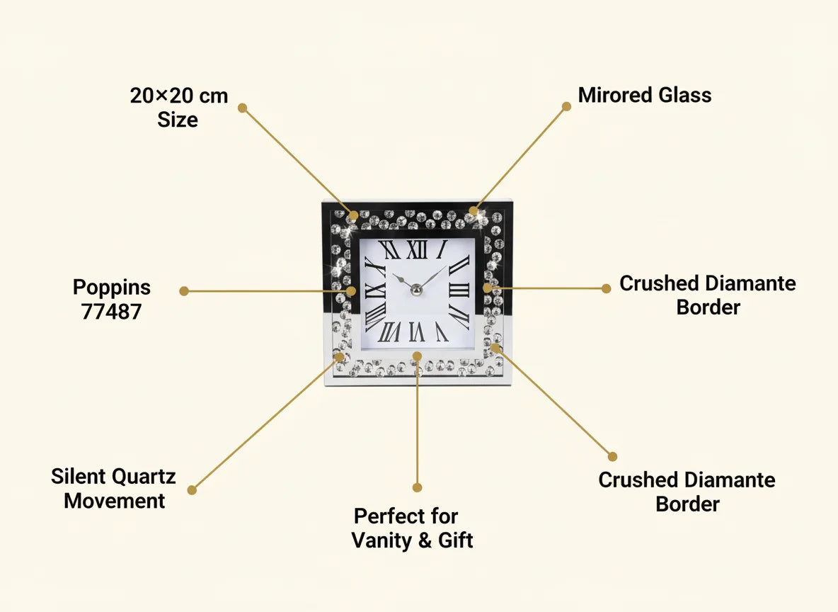 Diamante Mirrored Table Clock 20cm – Silent Sparkle Mantel & Desk Design | Sparkle Decors UK