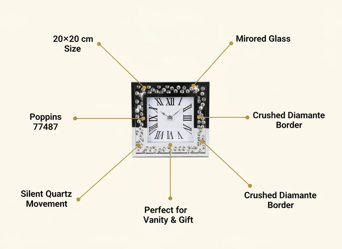 Diamante Mirrored Table Clock 20cm – Silent Sparkle Mantel & Desk Design | Sparkle Decors UK