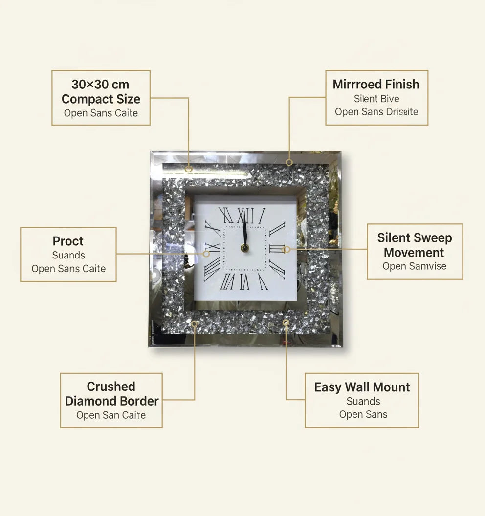 Crushed Diamond Silver Square Wall Clock – 30cm Sparkling Crystal Timepiece | Sparkle Decors UK