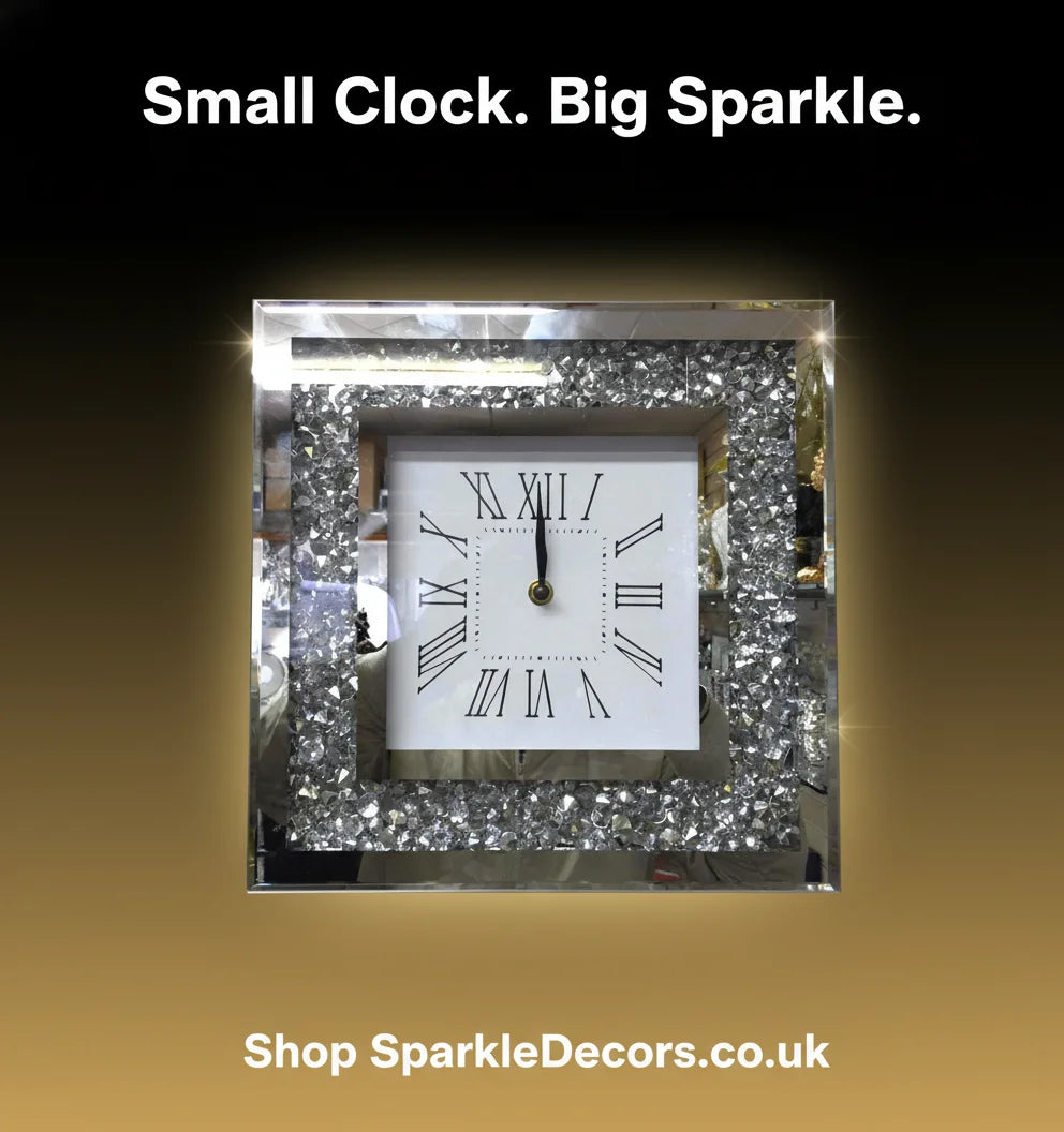 Crushed Diamond Silver Square Wall Clock – 30cm Sparkling Crystal Timepiece | Sparkle Decors UK
