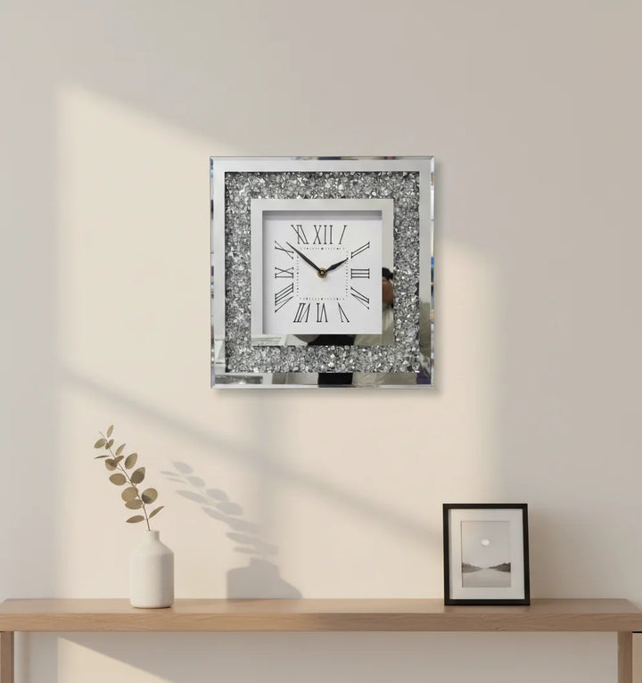 Crushed Diamond Silver Square Wall Clock – 30cm Sparkling Crystal Timepiece | Sparkle Decors UK