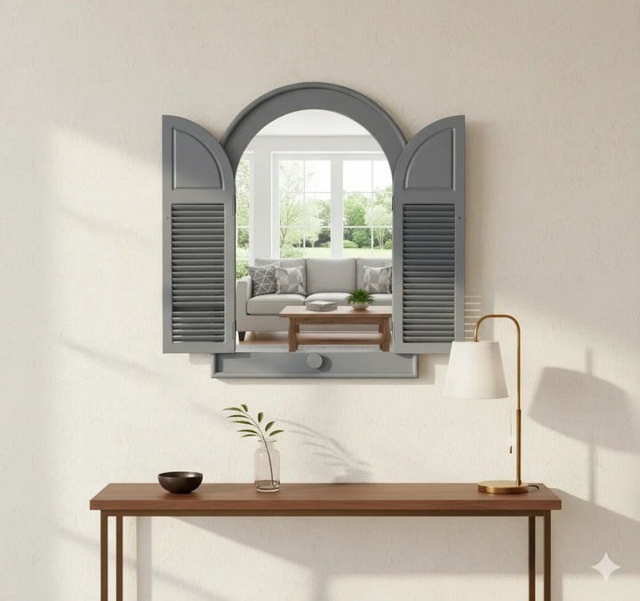 Arched Shutter Mirror 49×57 cm – Grey Louvre Door Window Style Wall Art | Sparkle Decors UK