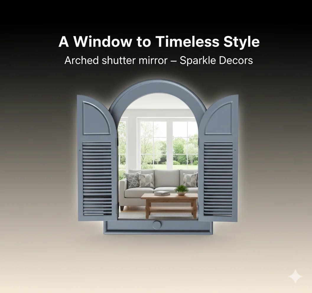 Arched Shutter Mirror 49×57 cm – Grey Louvre Door Window Style Wall Art | Sparkle Decors UK