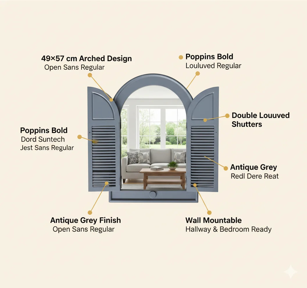 Arched Shutter Mirror 49×57 cm – Grey Louvre Door Window Style Wall Art | Sparkle Decors UK