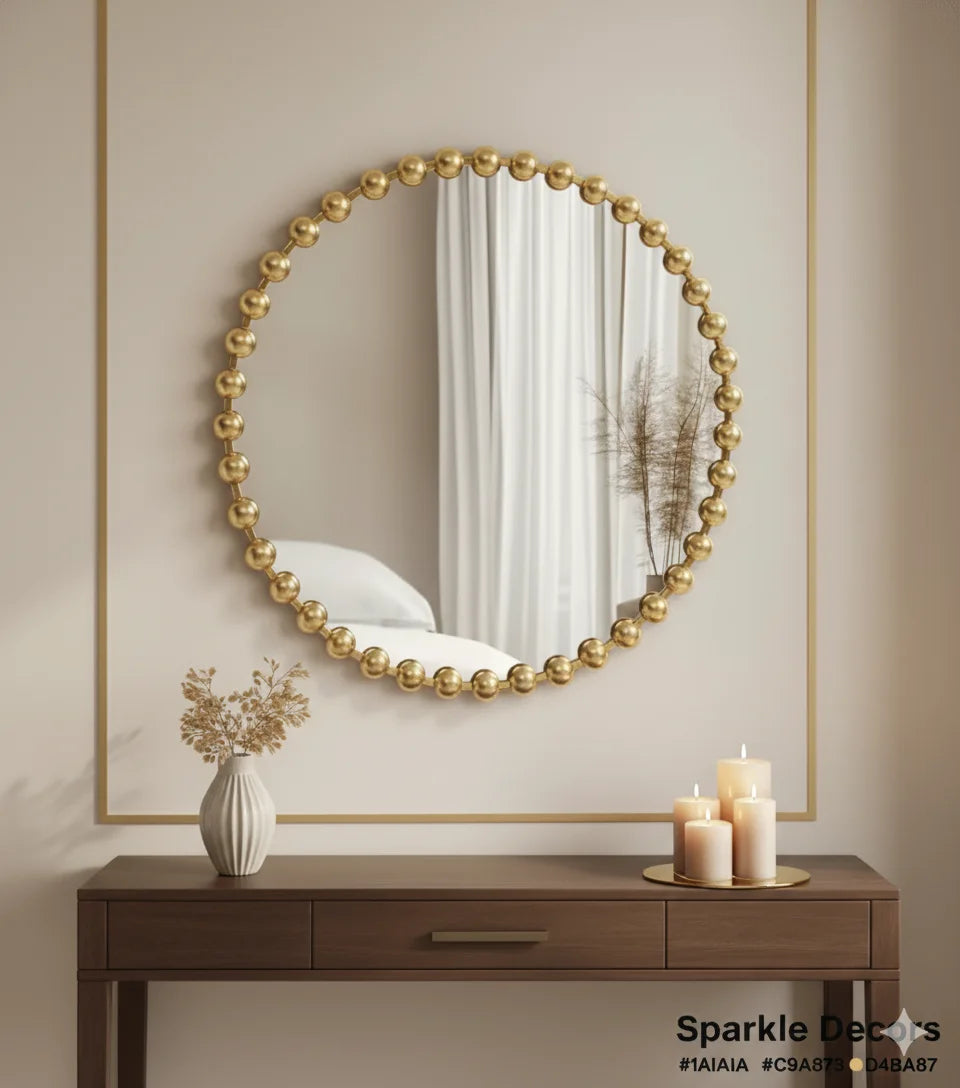 Luxury Golden Beaded Round Wall Mirror – 60cm Modern Home Accent Design | Sparkle Decors UK