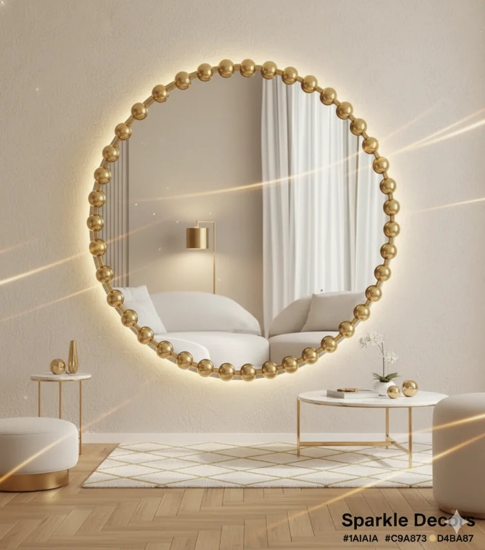 Luxury Golden Beaded Round Wall Mirror – 60cm Modern Home Accent Design | Sparkle Decors UK