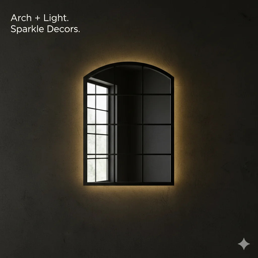 Arched Grid Mirror 76×50 cm – Stylish Black Frame Decorative Wall Feature | Sparkle Decors UK