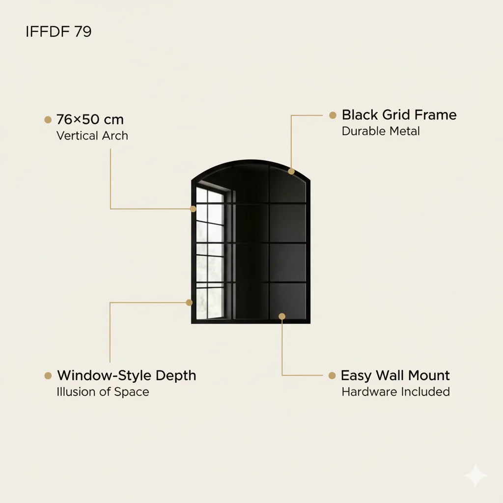 Arched Grid Mirror 76×50 cm – Stylish Black Frame Decorative Wall Feature | Sparkle Decors UK