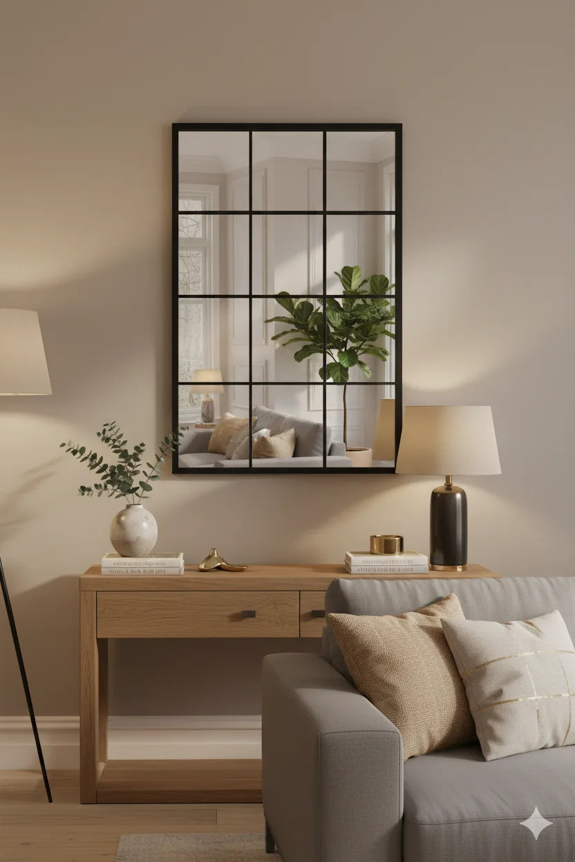 Large Black Rectangular Window Mirror – Modern Metal Frame Wall Décor Accent | Sparkle Decors UK