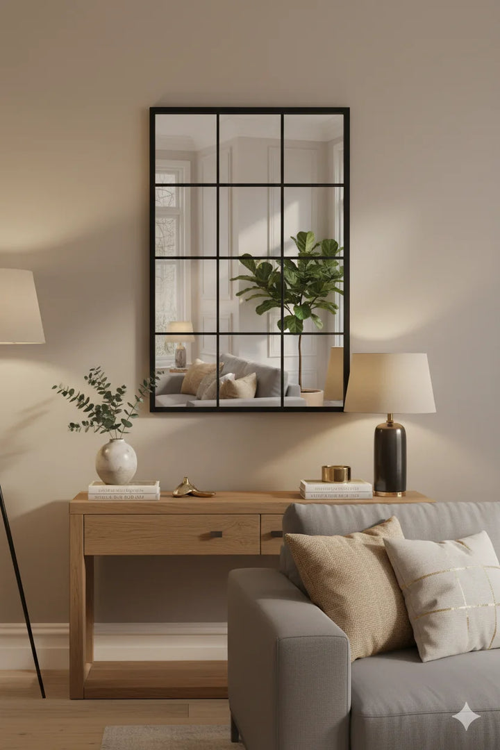 Large Black Rectangular Window Mirror – Modern Metal Frame Wall Décor Accent | Sparkle Decors UK