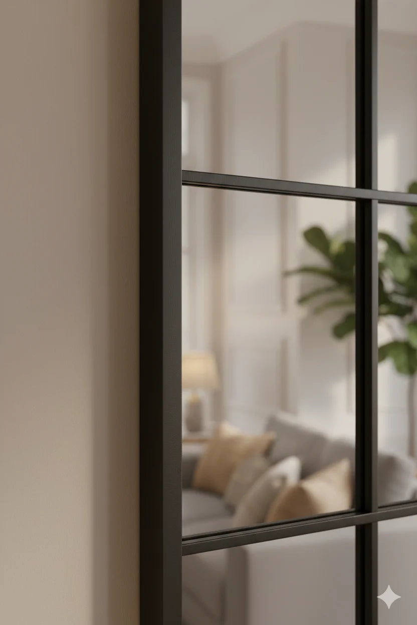 Large Black Rectangular Window Mirror – Modern Metal Frame Wall Décor Accent | Sparkle Decors UK