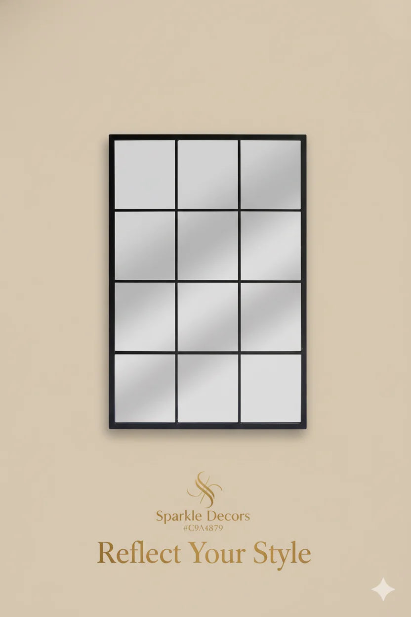 Large Black Rectangular Window Mirror – Modern Metal Frame Wall Décor Accent | Sparkle Decors UK