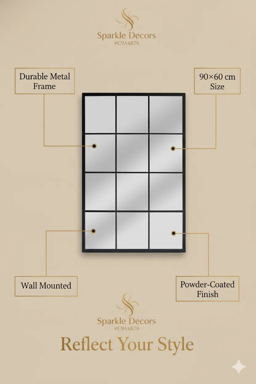 Large Black Rectangular Window Mirror – Modern Metal Frame Wall Décor Accent | Sparkle Decors UK