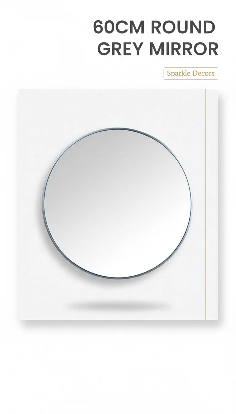 Sparkle Decors 60cm Round Grey Wall Mirror — Industrial Metal Frame for Bathroom & Living Room
