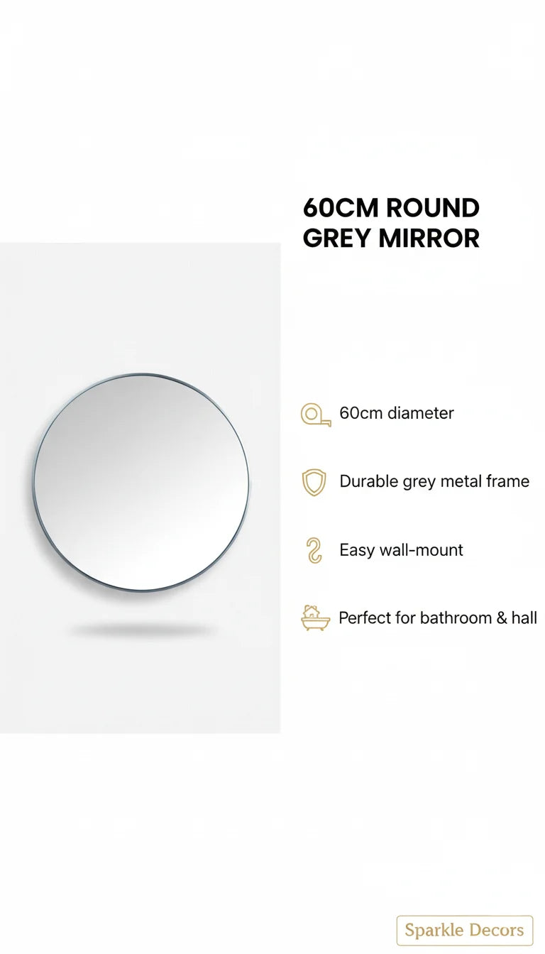 Sparkle Decors 60cm Round Grey Wall Mirror — Industrial Metal Frame for Bathroom & Living Room