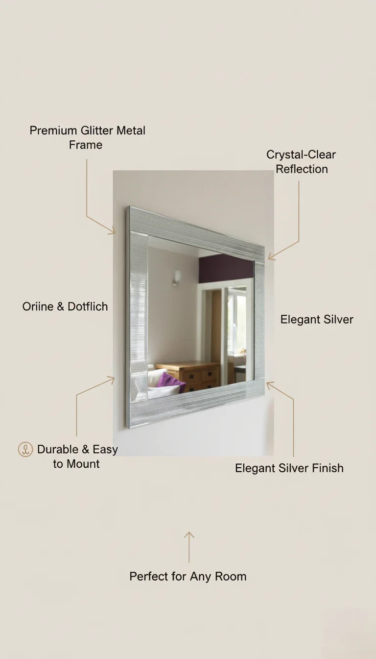 Sparkle Decors Silver Glitter Rectangular Wall Mirror – Elegant Decorative Home Art (40x60cm)