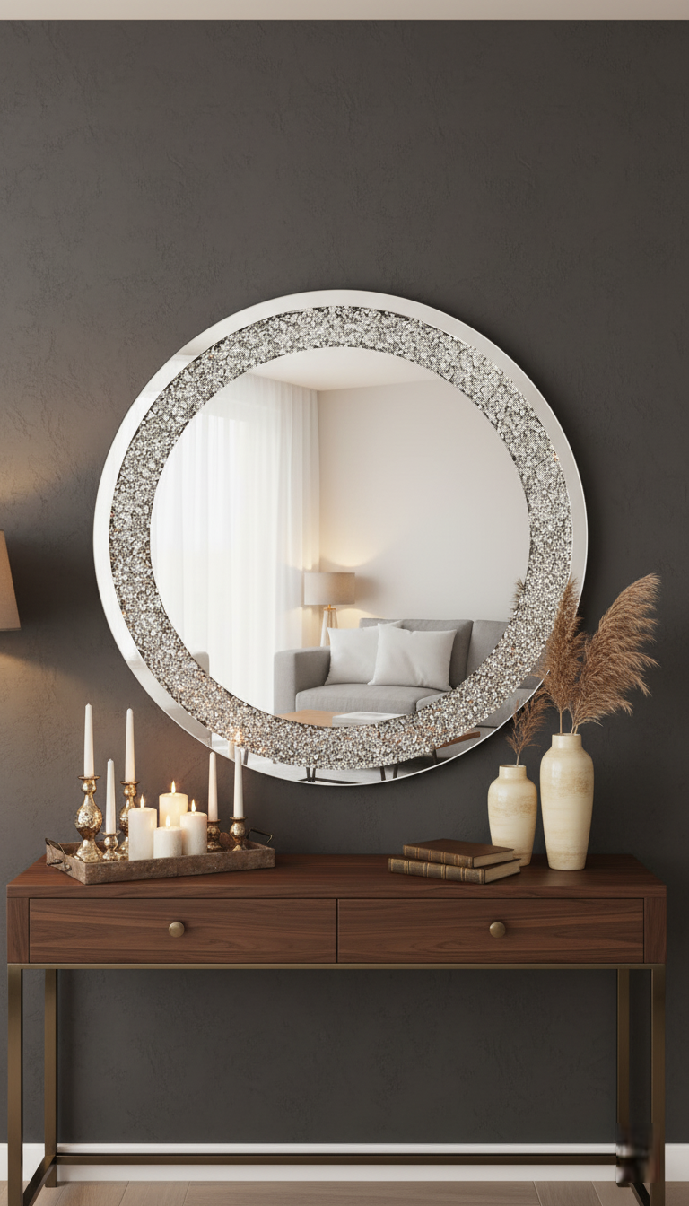 Sparkle Decors Large 60cm Jewel Round Wall Mirror with Crystal Diamante Frame – Elegant Decorative Mirror for Living Room, Bedroom & Bathroom