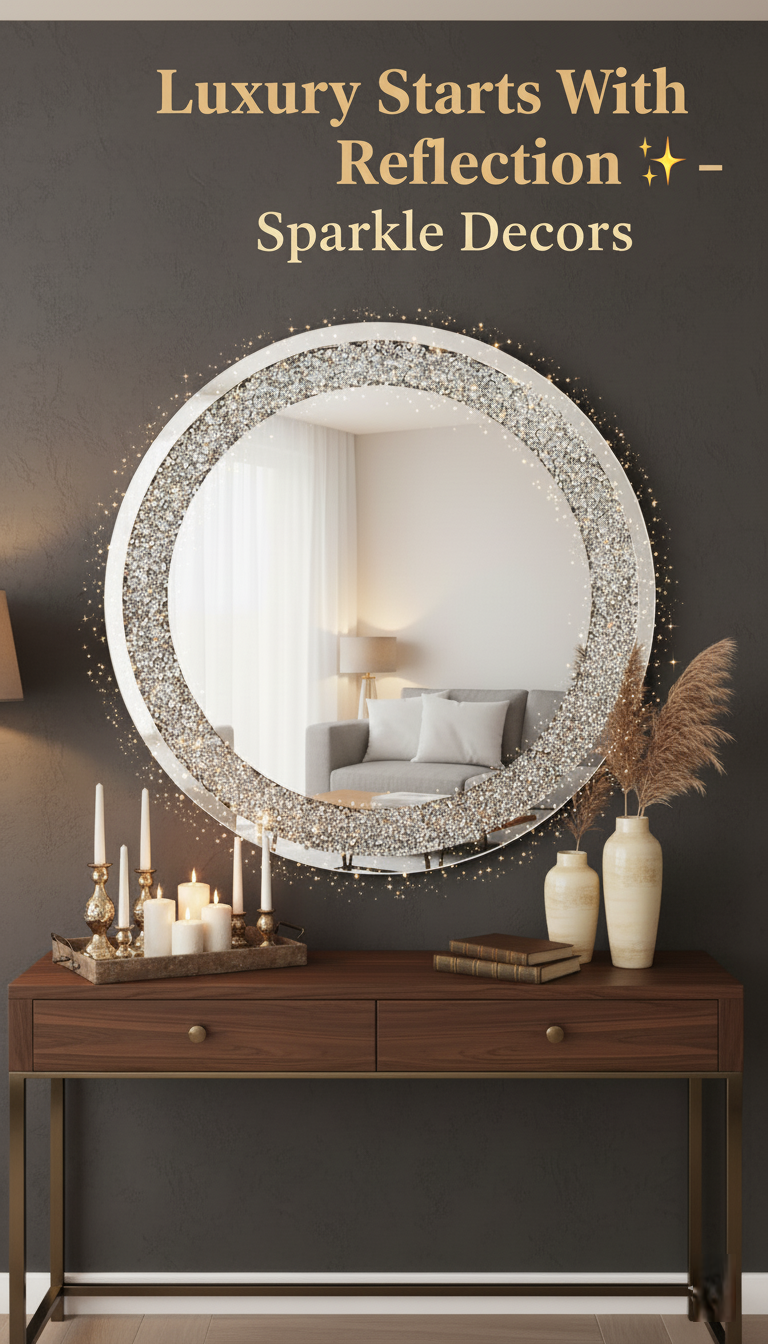Sparkle Decors Large 60cm Jewel Round Wall Mirror with Crystal Diamante Frame – Elegant Decorative Mirror for Living Room, Bedroom & Bathroom