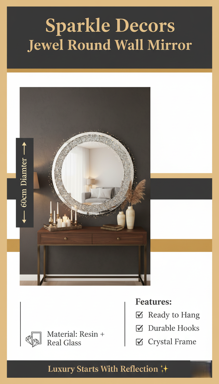 Sparkle Decors Large 60cm Jewel Round Wall Mirror with Crystal Diamante Frame – Elegant Decorative Mirror for Living Room, Bedroom & Bathroom