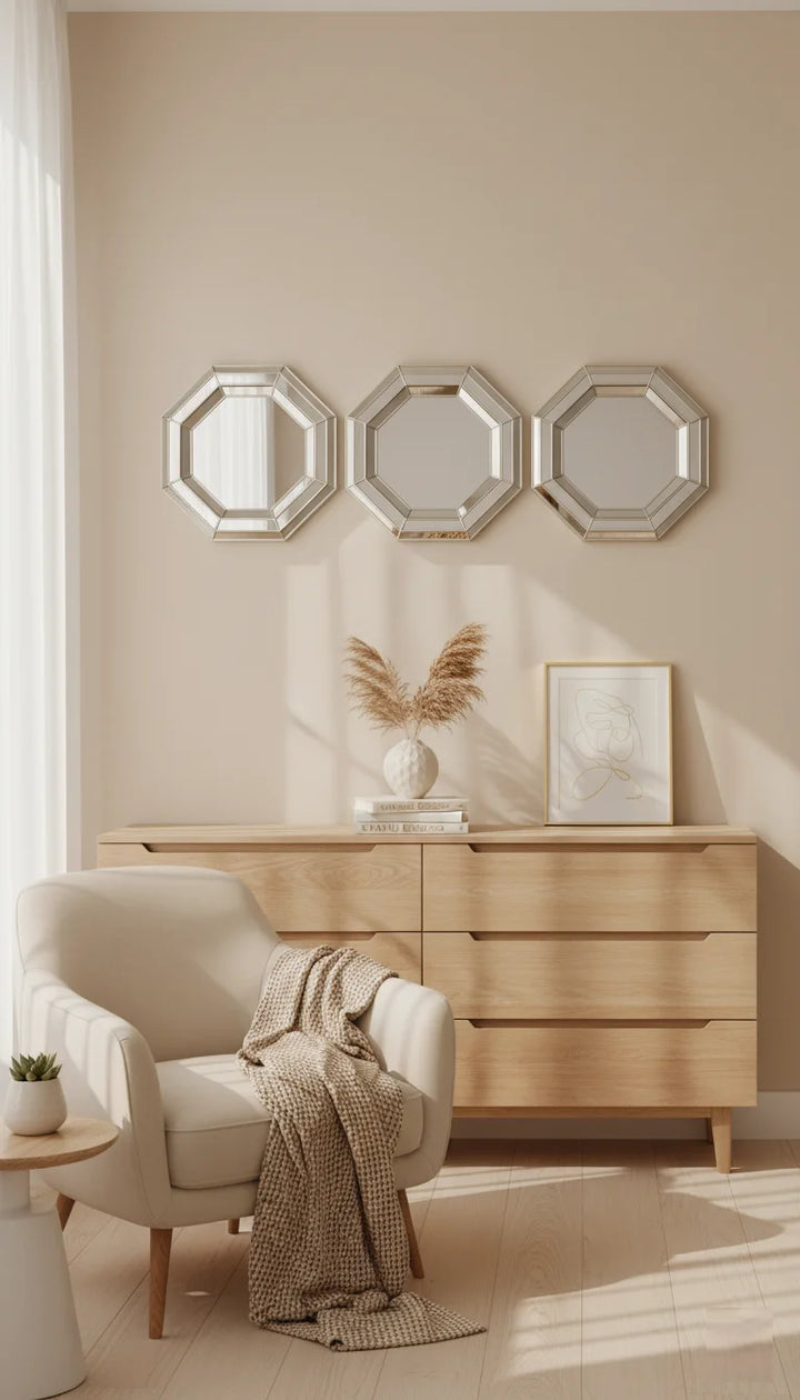Sparkle Decors Set of 3 Champagne Octagon Wall Mirrors – Elegant Metal Art Decor for Living Room, Bedroom & Hallway (25x25cm)