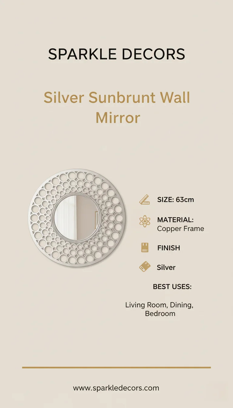 Sparkle Decors 63cm Silver Round Wall Mirror – Elegant Sunburst Design for Living Room, Bedroom & Dining Decor