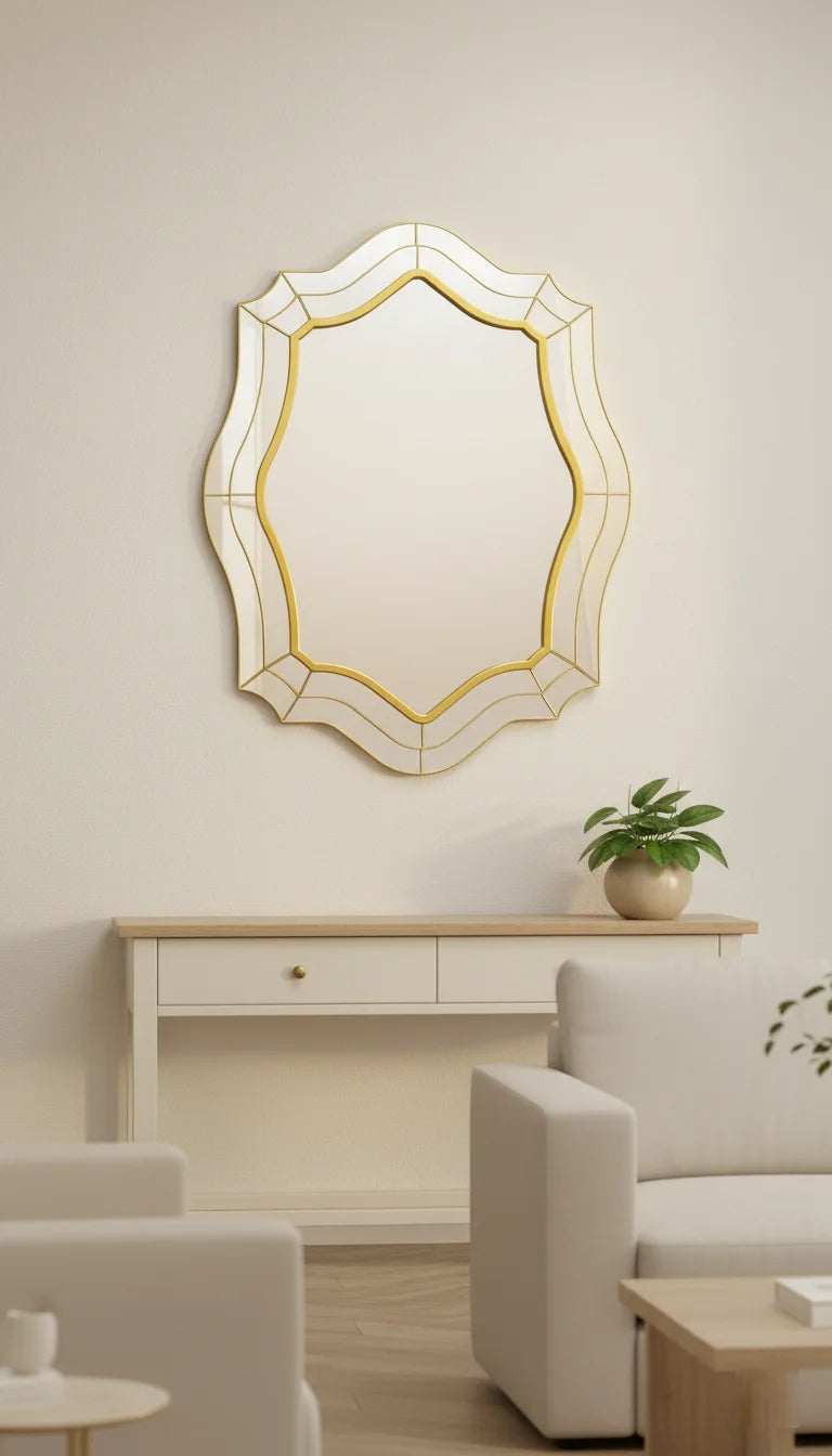 Sparkle Decors Wavy Oval Gold Wall Mirror – 74x56cm Modern Art Deco Mirror for Living Room, Bedroom & Bathroom