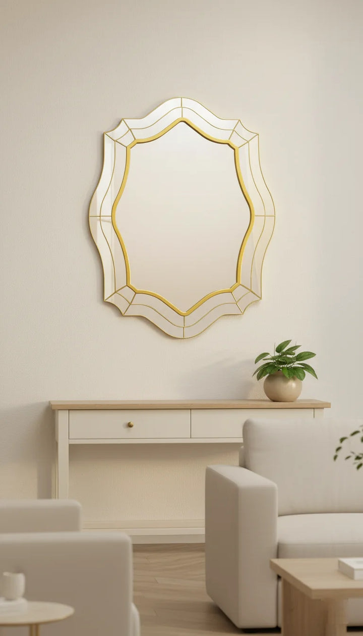 Sparkle Decors Wavy Oval Gold Wall Mirror – 74x56cm Modern Art Deco Mirror for Living Room, Bedroom & Bathroom
