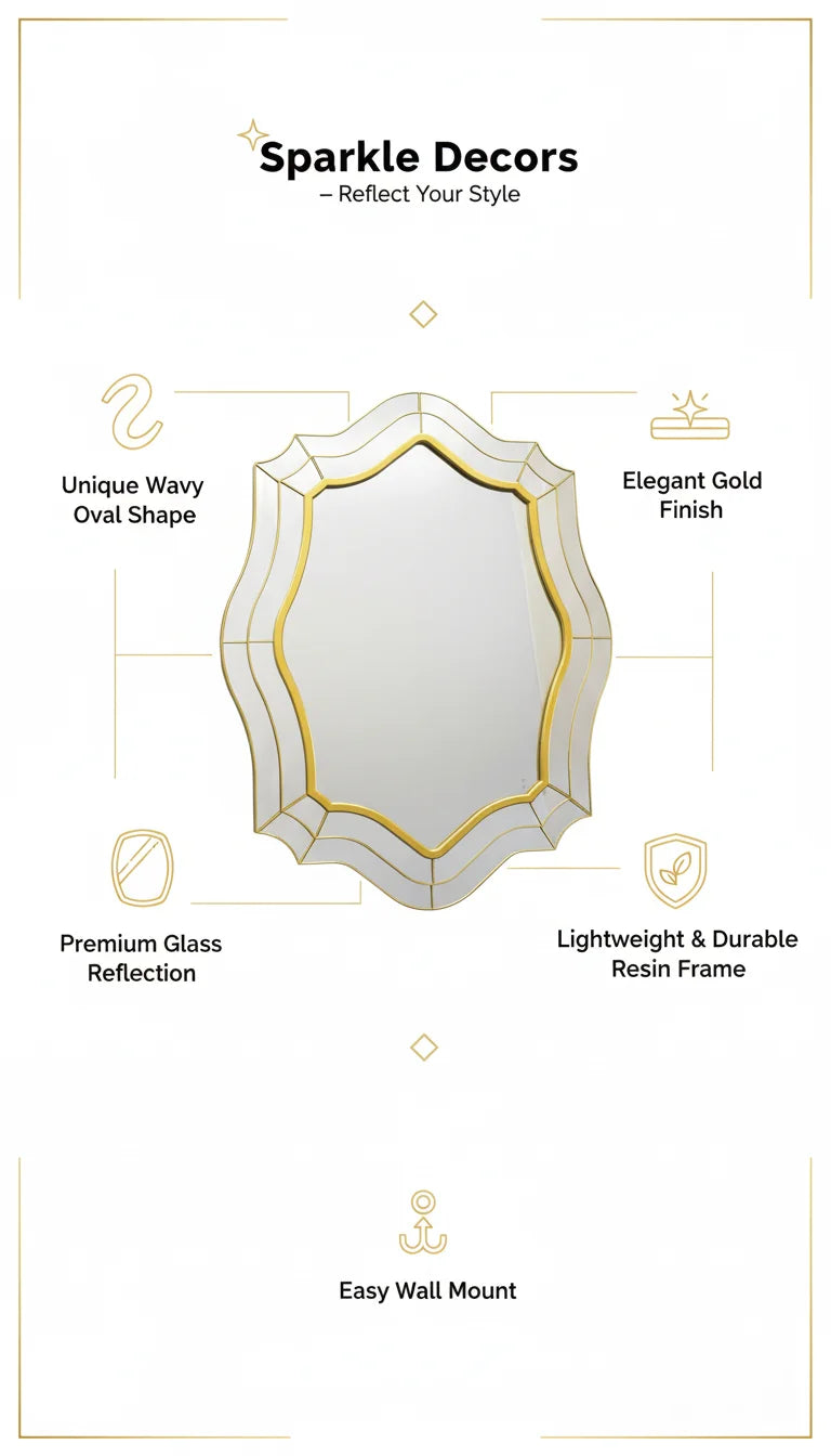Sparkle Decors Wavy Oval Gold Wall Mirror – 74x56cm Modern Art Deco Mirror for Living Room, Bedroom & Bathroom