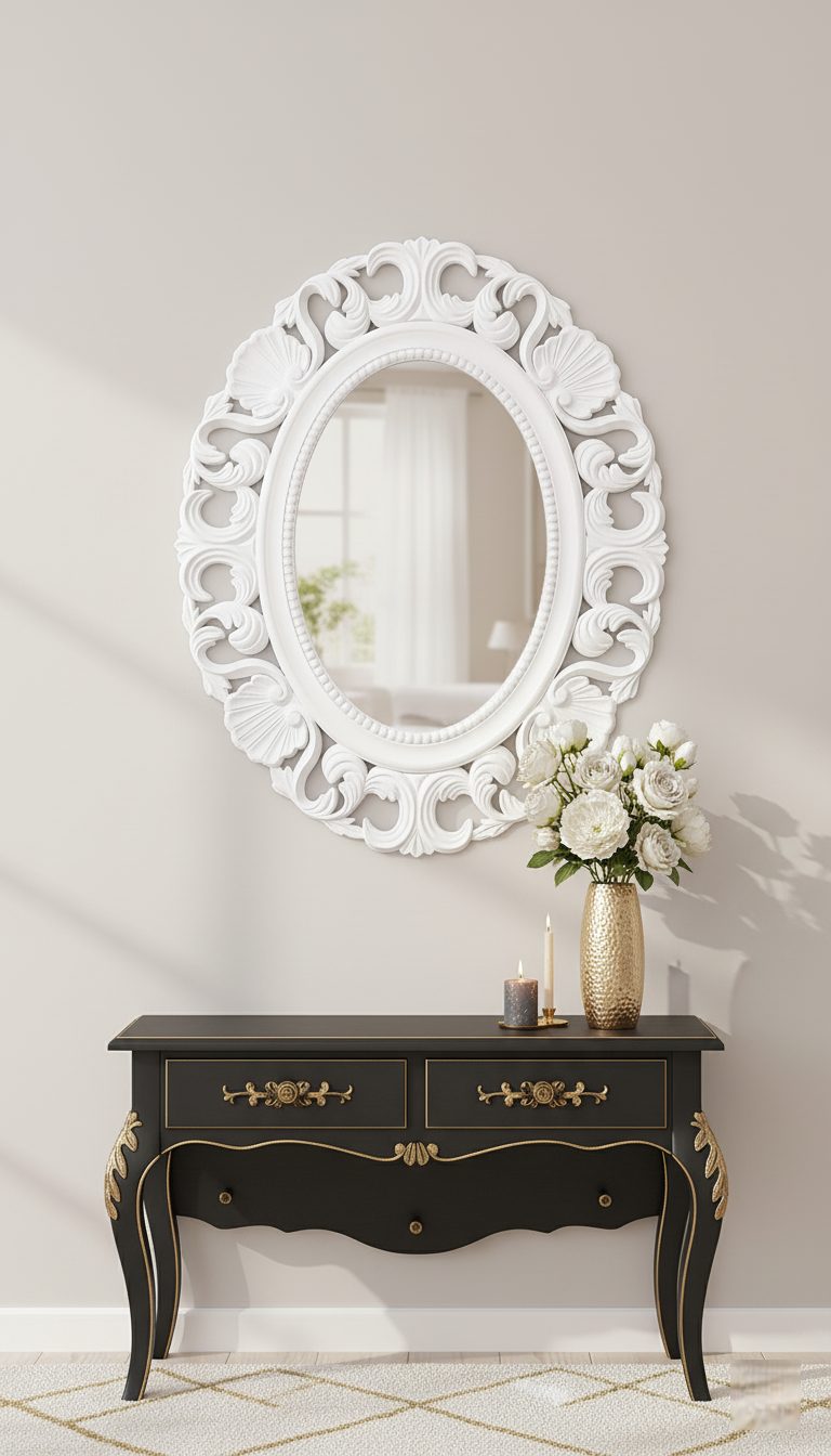 Sparkle Decors Oval Baroque White Wall Mirror 62×50 cm – Elegant Vintage Ornate Home Décor Gift