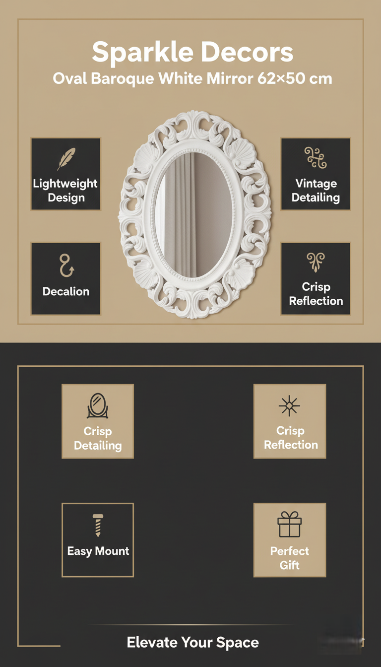 Sparkle Decors Oval Baroque White Wall Mirror 62×50 cm – Elegant Vintage Ornate Home Décor Gift