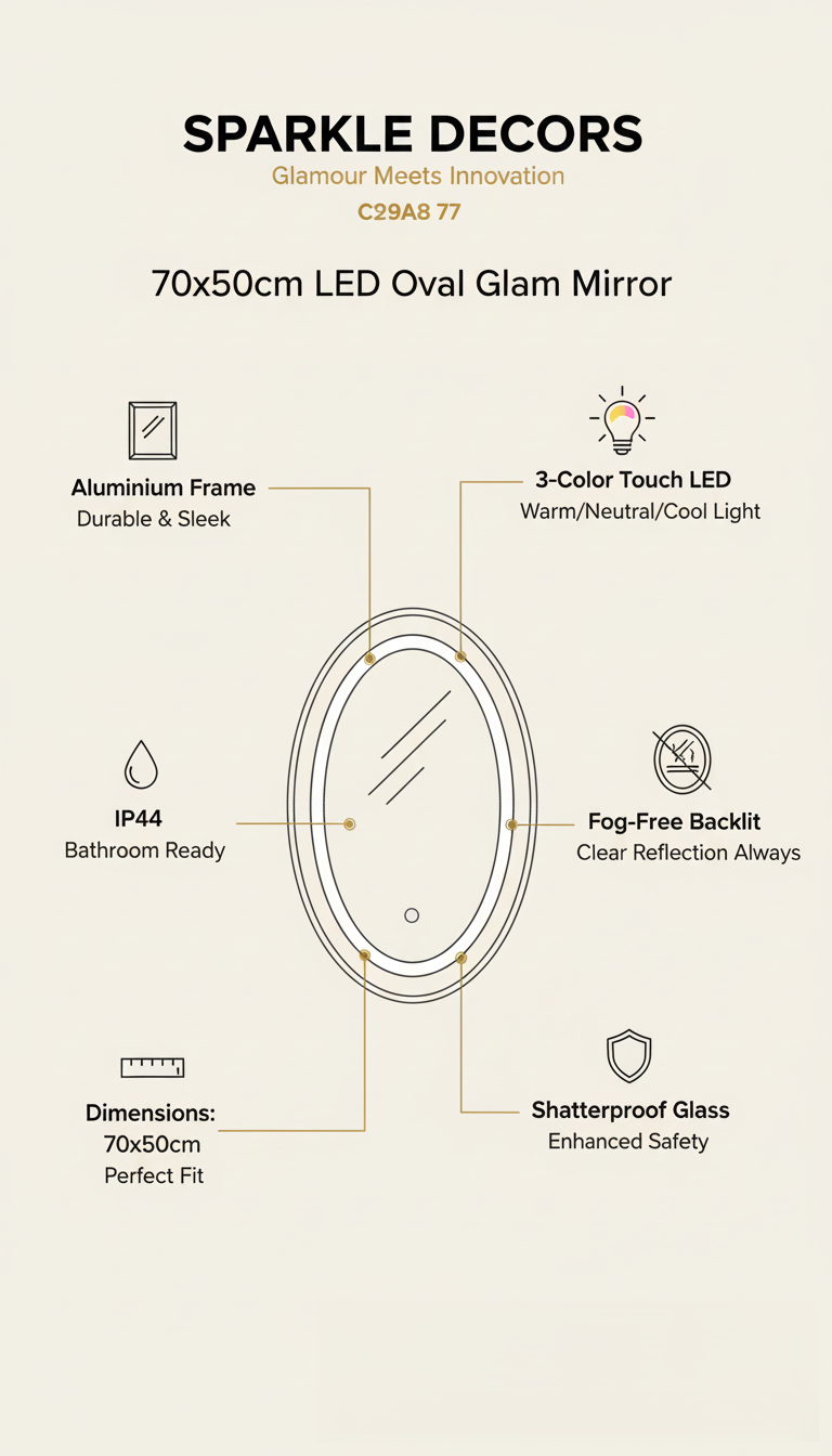 Sparkle Decors 70x50cm LED Oval Glam Bathroom Wall Mirror – 3 Color Touch Light with Fog-Free Backlit