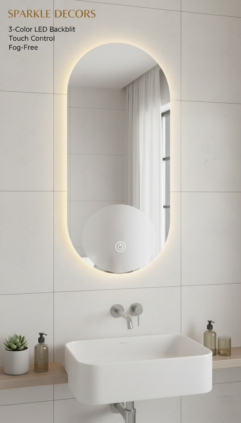 Sparkle Decors 70x50cm LED Oval Glam Bathroom Wall Mirror – 3 Color Touch Light with Fog-Free Backlit