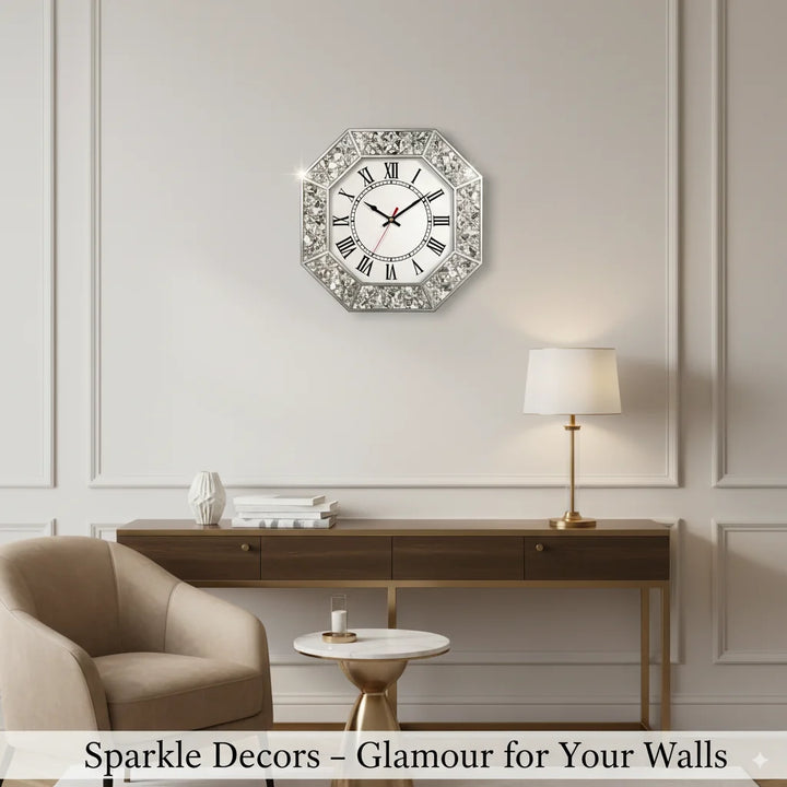 Sparkle Decors Crushed Crystal Mirrored Wall Clock – 35cm Octagon, Roman Numerals, Silent Glam Design