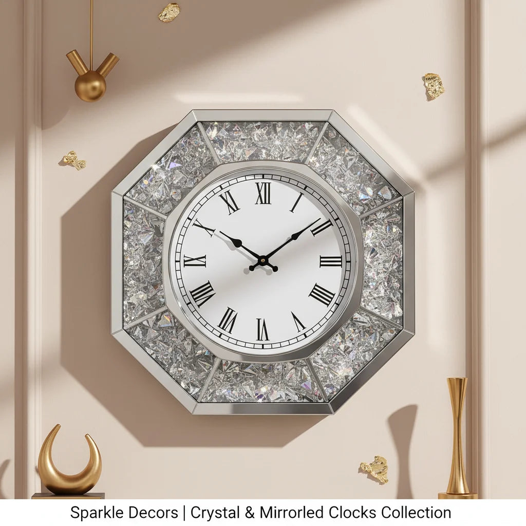 Sparkle Decors Crushed Crystal Mirrored Wall Clock – 35cm Octagon, Roman Numerals, Silent Glam Design