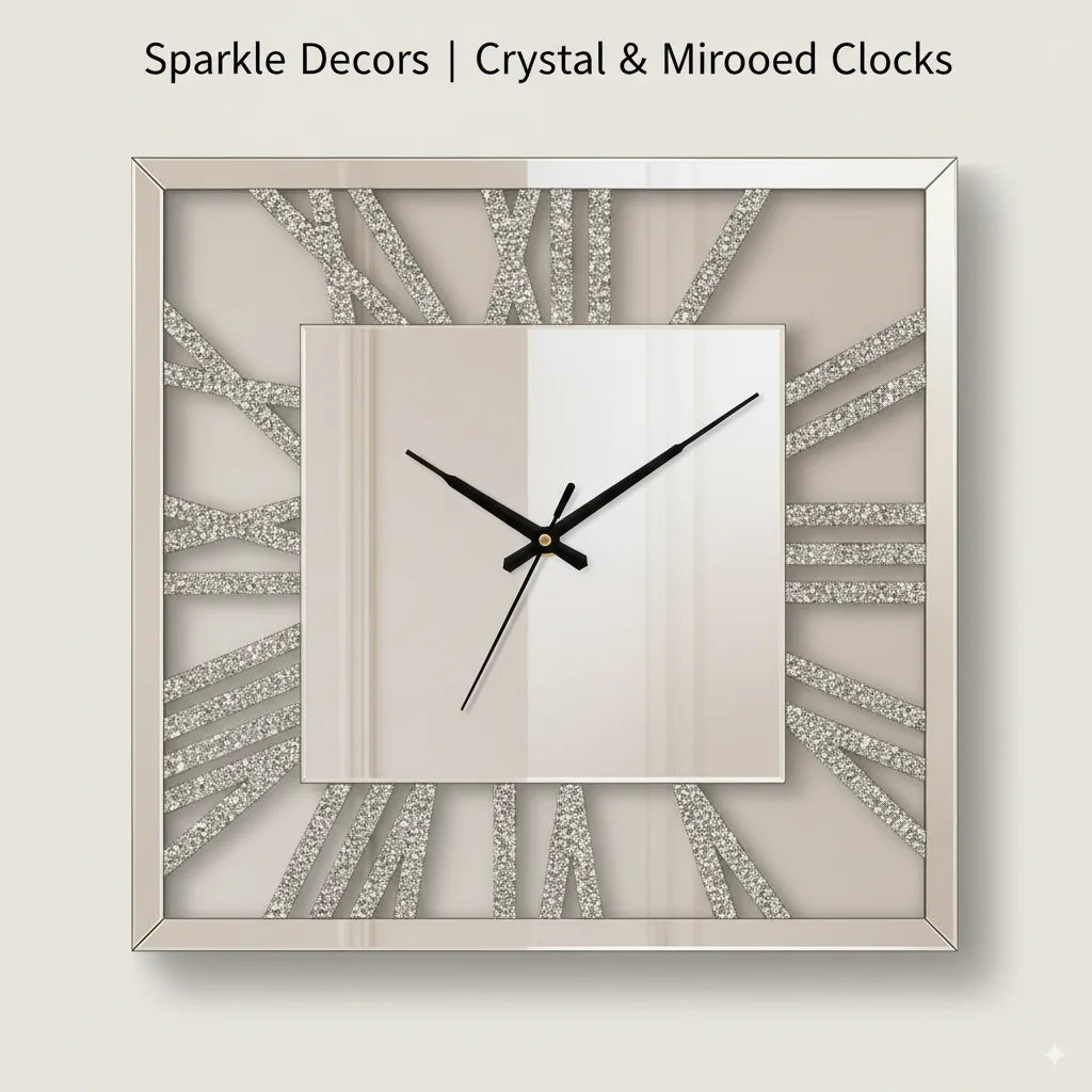 Sparkle Decors Square Crushed Crystal Mirrored Wall Clock – 60×60cm, Silent Roman Numeral Glam Statement