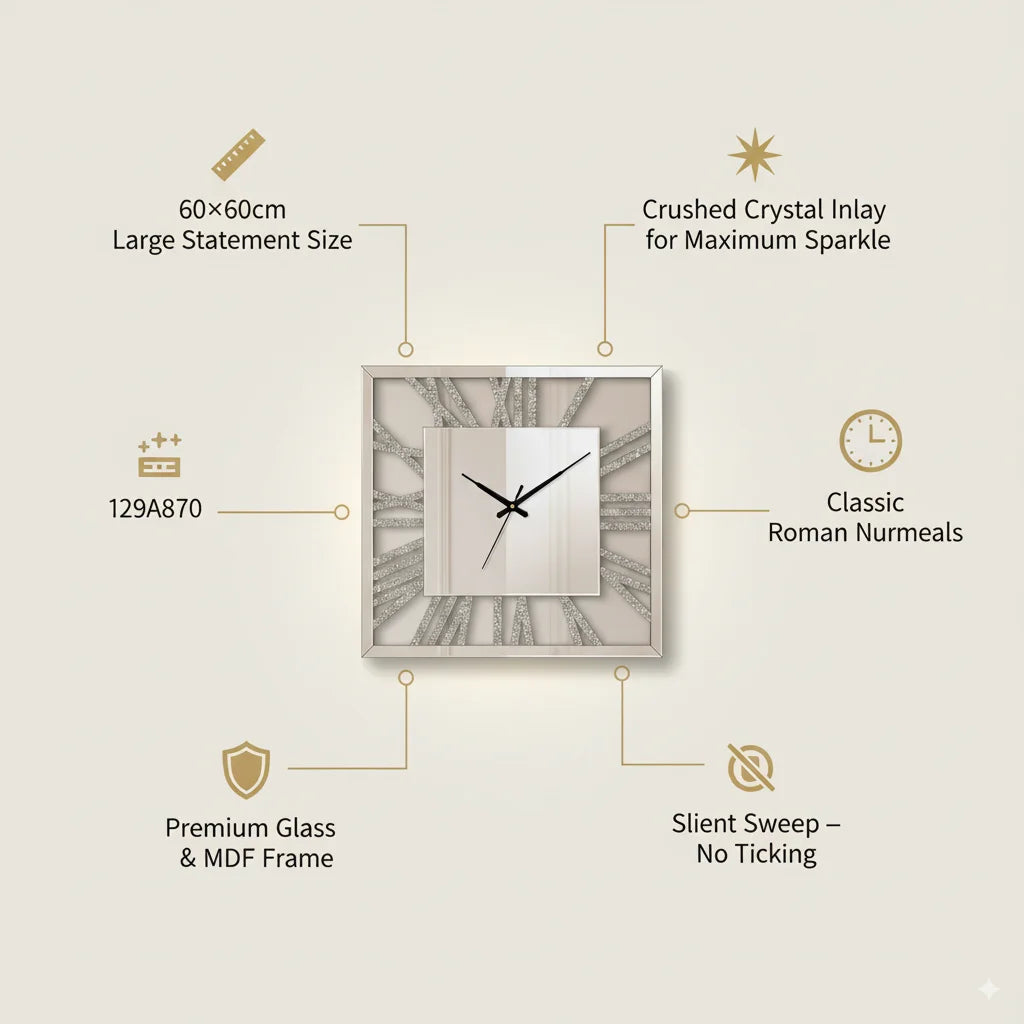 Sparkle Decors Square Crushed Crystal Mirrored Wall Clock – 60×60cm, Silent Roman Numeral Glam Statement