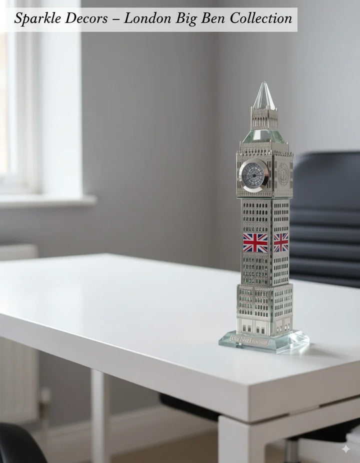 Sparkle Decors London Big Ben Crystal Clock – 30cm Tabletop & Shelf Showpiece (Silver)