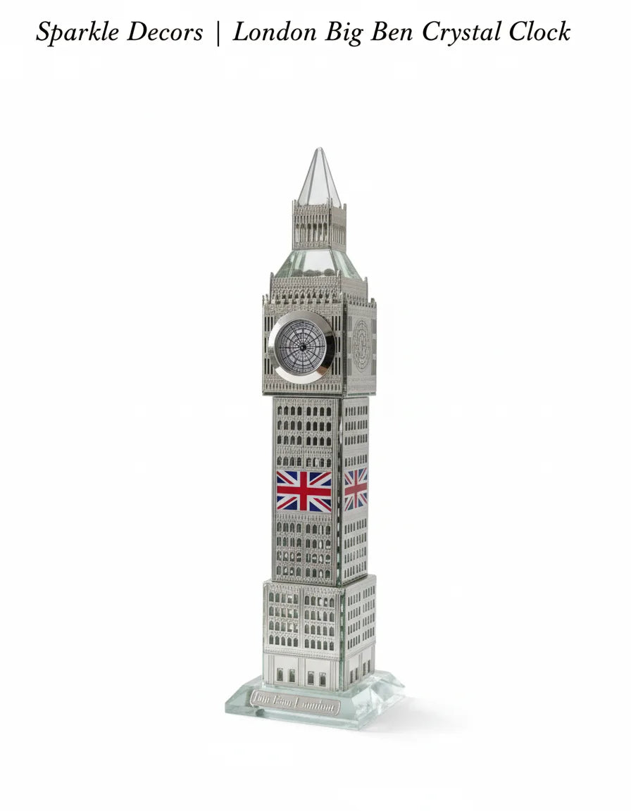 Sparkle Decors London Big Ben Crystal Clock – 30cm Tabletop & Shelf Showpiece (Silver)