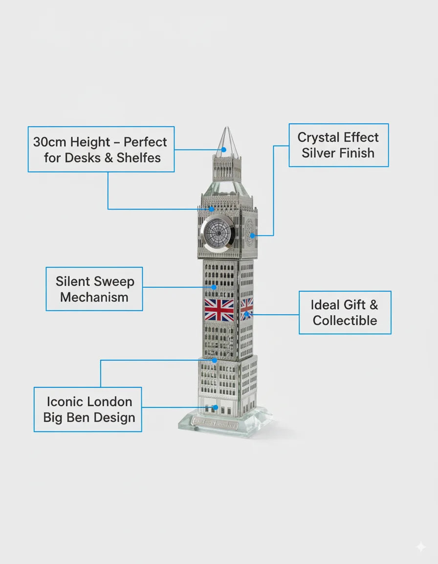 Sparkle Decors London Big Ben Crystal Clock – 30cm Tabletop & Shelf Showpiece (Silver)