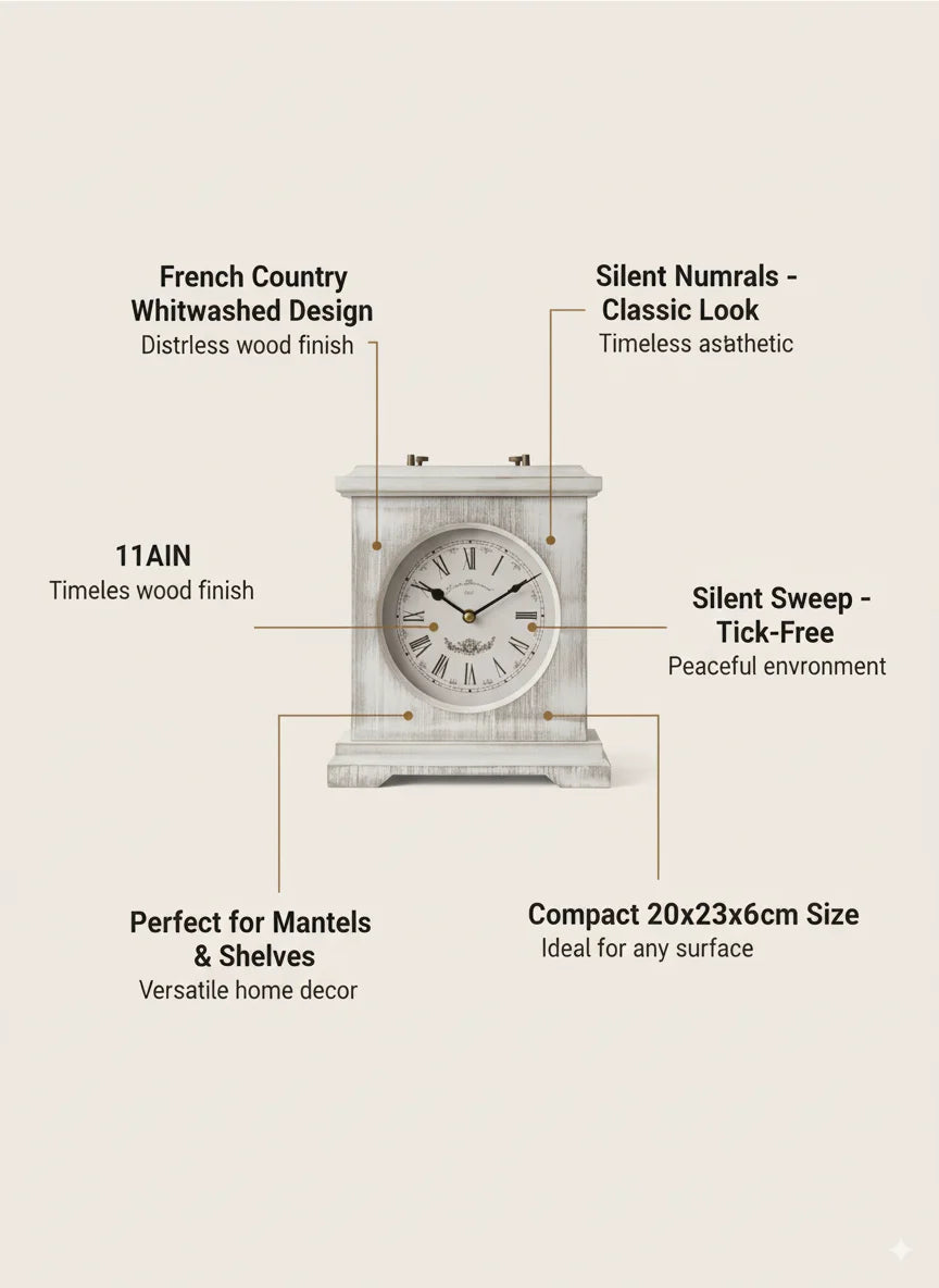Sparkle Decors Reyenay Mantel Clock – Elegant Roman Numerals, French Country Whitewashed Table Shelf Clock (20x23cm)