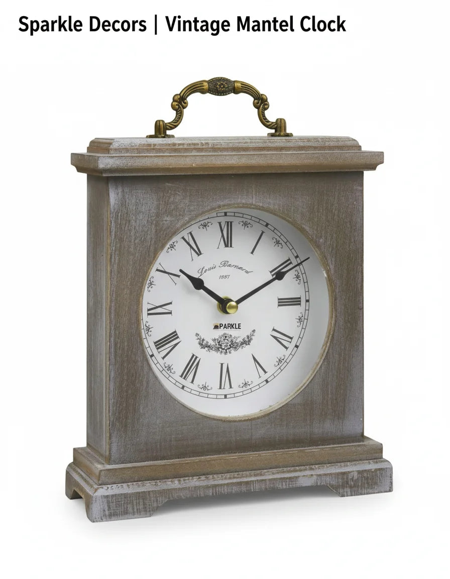 Sparkle Decors Vintage Washed Wood Mantel Clock – Rustic Roman Numerals Farmhouse Table Shelf Clock (20x23cm)
